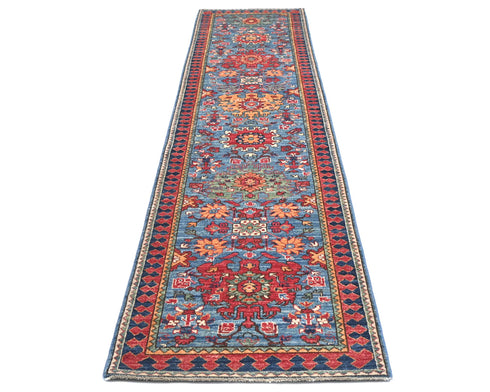 12 Ft Blue Aryana Afghan Hand Knotted Veg Dye Wool Runner Rug